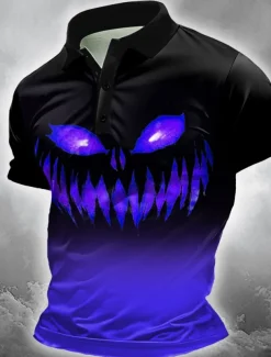 Halloween Men's Pumpkin Polo Short Sleeve Polo Shirts Collared Shirts Casual Horror Dark Outdoor Athleisure Festival Outfit 3D Print Buttons Summer Blue Purple Orange