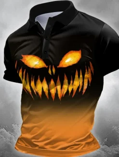 Halloween Men's Pumpkin Polo Short Sleeve Polo Shirts Collared Shirts Casual Horror Dark Outdoor Athleisure Festival Outfit 3D Print Buttons Summer Blue Purple Orange