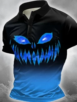 Halloween Men's Pumpkin Polo Short Sleeve Polo Shirts Collared Shirts Casual Horror Dark Outdoor Athleisure Festival Outfit 3D Print Buttons Summer Blue Purple Orange