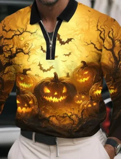 Halloween Men's Pumpkin Polo Long Sleeve Polo Shirts Lapel Casual Street Daily Wear Festival Outfit 3D Print Quarter Zip Polo Spring Fall Winter Black Yellow Orange