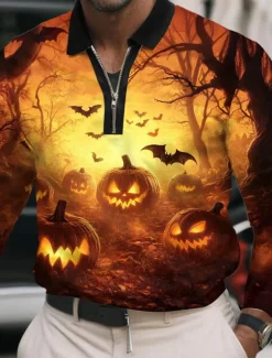 Halloween Men's Pumpkin Polo Long Sleeve Polo Shirts Lapel Casual Street Daily Wear Festival Outfit 3D Print Quarter Zip Polo Spring Fall Winter Black Yellow Orange