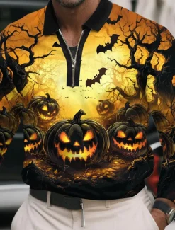 Halloween Men's Pumpkin Polo Long Sleeve Polo Shirts Lapel Casual Street Daily Wear Festival Outfit 3D Print Quarter Zip Polo Spring Fall Winter Black Yellow Orange