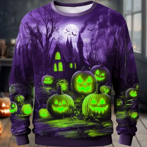 Halloween Men's Pumpkin Sweatshirt Punk Party Long Sleeve Crew Neck Vacation Yellow Orange Crewneck 3D All Seasons Designer