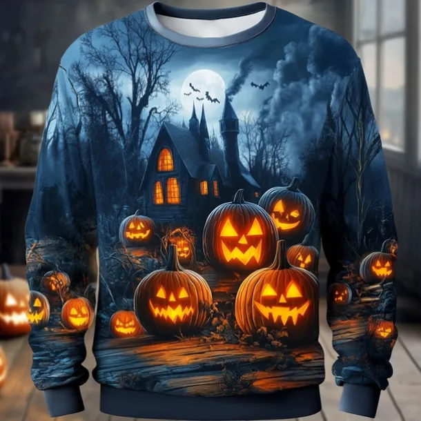Halloween Men's Pumpkin Sweatshirt Punk Party Long Sleeve Crew Neck Vacation Yellow Orange Crewneck 3D All Seasons Designer