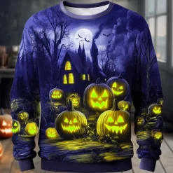 Halloween Men's Pumpkin Sweatshirt Punk Party Long Sleeve Crew Neck Vacation Yellow Orange Crewneck 3D All Seasons Designer