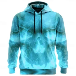 Halloween Men's Skull 3D Flame Hoodies Sweatshirt Punk Exaggerated Long Sleeve Crew Neck Club Streetwear Yellow Blue Drawstring Fall Winter Designer