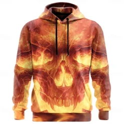 Halloween Men's Skull 3D Flame Hoodies Sweatshirt Punk Exaggerated Long Sleeve Crew Neck Club Streetwear Yellow Blue Drawstring Fall Winter Designer