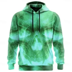 Halloween Men's Skull 3D Flame Hoodies Sweatshirt Punk Exaggerated Long Sleeve Crew Neck Club Streetwear Yellow Blue Drawstring Fall Winter Designer