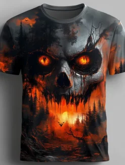 Halloween Men's Skull 3D Flame T Shirt Short Sleeve T shirt 3D Print Crew Neck Shirt Exaggerated Designer Horror Party Street Casual White Red Blue Summer Spring All Seasons Clothing Apparel S M L XL