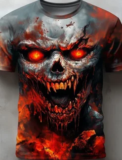 Halloween Men's Skull 3D Flame T Shirt Short Sleeve T shirt 3D Print Crew Neck Shirt Exaggerated Designer Horror Party Street Casual White Red Blue Summer Spring All Seasons Clothing Apparel S M L XL