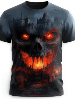 Halloween Men's Skull 3D Flame T Shirt Short Sleeve T shirt 3D Print Crew Neck Shirt Exaggerated Designer Horror Party Street Casual White Red Blue Summer Spring All Seasons Clothing Apparel S M L XL