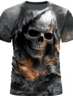 Halloween Men's Skull 3D Reaper T Shirt Short Sleeve T shirt 3D Print Crew Neck Round Neck Shirt Exaggerated Designer Horror Party Street Casual Black 1 Black Red Summer Spring All Seasons Clothing