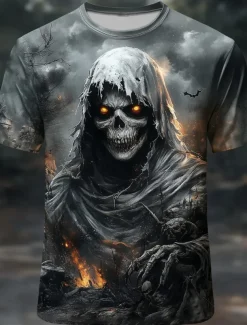 Halloween Men's Skull 3D Reaper T Shirt Short Sleeve T shirt 3D Print Crew Neck Round Neck Shirt Exaggerated Designer Horror Party Street Casual Black 1 Black Red Summer Spring All Seasons Clothing