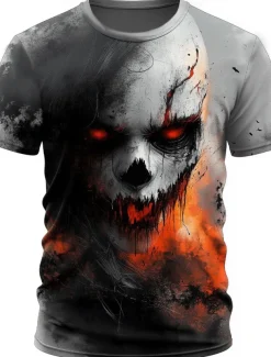 Halloween Men's Skull 3D Reaper T Shirt Short Sleeve T shirt 3D Print Crew Neck Round Neck Shirt Exaggerated Designer Horror Party Street Casual Black 1 Black Red Summer Spring All Seasons Clothing