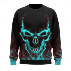 Halloween Men's Skull 3D Sweatshirt Casual Long Sleeve Crew Neck Red Blue Crewneck 3D All Seasons Designer