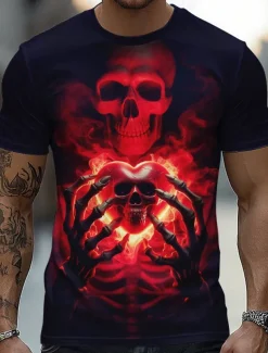 Halloween Men's Skull 3D T Shirt Short Sleeve T shirt 3D Print Crew Neck Shirt Fashion Exaggerated Daily Party Street Casual Yellow Red Blue Summer Spring All Seasons Clothing Apparel S M L XL XXL