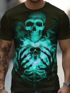 Halloween Men's Skull 3D T Shirt Short Sleeve T shirt 3D Print Crew Neck Shirt Fashion Exaggerated Daily Party Street Casual Yellow Red Blue Summer Spring All Seasons Clothing Apparel S M L XL XXL