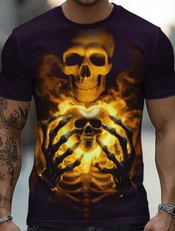 Halloween Men's Skull 3D T Shirt Short Sleeve T shirt 3D Print Crew Neck Shirt Fashion Exaggerated Daily Party Street Casual Yellow Red Blue Summer Spring All Seasons Clothing Apparel S M L XL XXL
