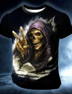 Halloween Men's Skull 3D T Shirt Short Sleeve T shirt 3D Print Crew Neck Shirt Exaggerated Designer Horror Party Street Casual Black White Summer Spring All Seasons Clothing Apparel S M L XL XXL XXXL