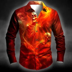 Halloween Men's Skull Flame Halloween Costumes Shirt Button Up Shirt Long Sleeve Dark Punk Gothic Style Outdoor Holiday Summer Spring Turndown 3D Print Collared Shirts Red Blue Dark Green