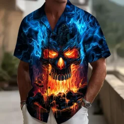 Halloween Men's Skull Flame Sailboat Shirt Cuban Collar Shirt Button Up Shirt Short Sleeve Dark Punk Gothic Style Holiday Streetwear Summer Camp Collar Shirt 3D Print Blue 1# Dark Blue