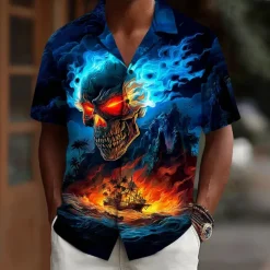 Halloween Men's Skull Flame Sailboat Shirt Cuban Collar Shirt Button Up Shirt Short Sleeve Dark Punk Gothic Style Holiday Streetwear Summer Camp Collar Shirt 3D Print Blue 1# Dark Blue