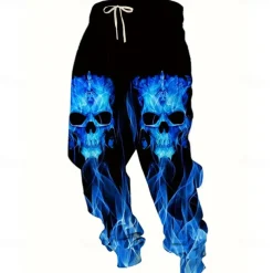 Halloween Men's Skull Flame Halloween Costumes Sweatpants Joggers Trousers Mid Waist Drawstring Elastic Waist Casual Jogging Streetwear Workout Athletic Sweatpants with Pockets Spring Fall 3D Print