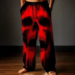 Halloween Men's Skull Halloween Costumes Trousers Baggy Pants Casual Pants Mid Waist Dark Gothic Style Outdoor Holiday Elastic Drawstring Waist Linen-Like Pants with Pockets Summer Spring Fall 3D