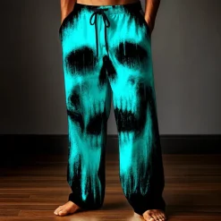 Halloween Men's Skull Halloween Costumes Trousers Baggy Pants Casual Pants Mid Waist Dark Gothic Style Outdoor Holiday Elastic Drawstring Waist Linen-Like Pants with Pockets Summer Spring Fall 3D