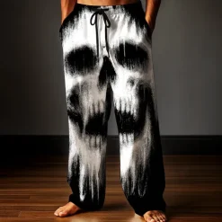 Halloween Men's Skull Halloween Costumes Trousers Baggy Pants Casual Pants Mid Waist Dark Gothic Style Outdoor Holiday Elastic Drawstring Waist Linen-Like Pants with Pockets Summer Spring Fall 3D