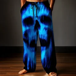 Halloween Men's Skull Halloween Costumes Trousers Baggy Pants Casual Pants Mid Waist Dark Gothic Style Outdoor Holiday Elastic Drawstring Waist Linen-Like Pants with Pockets Summer Spring Fall 3D