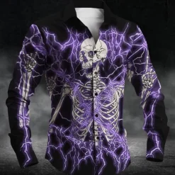 Halloween Men's Skull Halloween Costumes Button Up Shirt Long Sleeve Horror Party Evening Wear Daily Fall Winter Spring & Summer Shirt Collar 3D Print Red Blue Purple Green