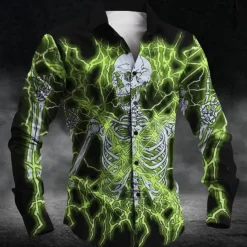 Halloween Men's Skull Halloween Costumes Button Up Shirt Long Sleeve Horror Party Evening Wear Daily Fall Winter Spring & Summer Shirt Collar 3D Print Red Blue Purple Green