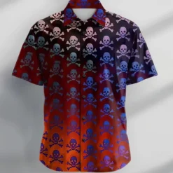 Halloween Men's Skull Halloween Costumes Shirt Button Up Shirt Short Sleeve Casual Vacation Daily Summer Turndown Collared Shirts Button Up 3D Print Red