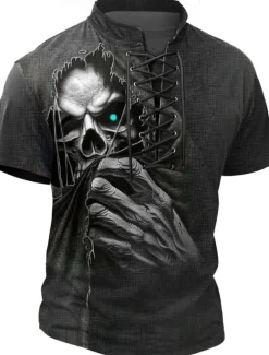 Halloween Men's Skull Henley Shirt T shirt Tee Short Sleeve T shirt 3D Print Crew Neck Lace Up Neck Henley Shirt Casual Street Sports Outdoor Casual Black 1 Black 2 Summer Spring All Seasons Clothing