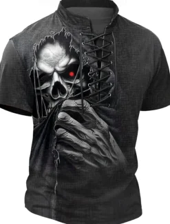 Halloween Men's Skull Henley Shirt T shirt Tee Short Sleeve T shirt 3D Print Crew Neck Lace Up Neck Henley Shirt Casual Street Sports Outdoor Casual Black 1 Black 2 Summer Spring All Seasons Clothing