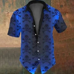 Halloween Men's Skull Skeleton Halloween Costumes Shirt Button Up Shirt Short Sleeve Dark Gothic Style Holiday Summer Spring Turndown 3D Print Collared Shirts Black Dark Blue