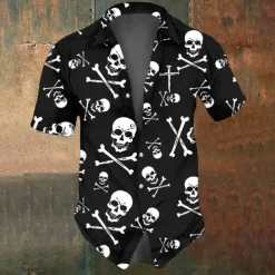 Halloween Men's Skull Skeleton Halloween Costumes Shirt Button Up Shirt Short Sleeve Dark Gothic Style Holiday Summer Spring Turndown 3D Print Collared Shirts Black Dark Blue