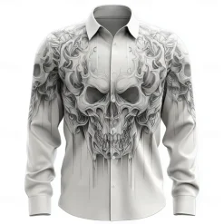 Halloween Men's Skull Skeleton Death Shirt Button Up Shirt Long Sleeve Dark Punk Gothic Style Outdoor Holiday Summer Spring Turndown 3D Print Collared Shirts White 1 White