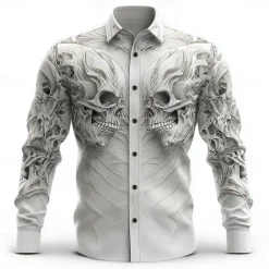 Halloween Men's Skull Skeleton Death Shirt Button Up Shirt Long Sleeve Dark Punk Gothic Style Outdoor Holiday Summer Spring Turndown 3D Print Collared Shirts White 1 White