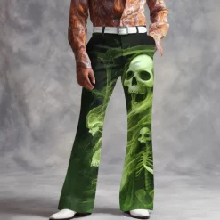 Halloween Men's Skull Smoke Halloween Costumes Disco Pants 60s 70s Bell Bottoms Mid Waist Dark Gothic Style Outdoor Holiday Side Pockets Flared Leg Pants Trousers Spring Fall 3D Print Purple Green