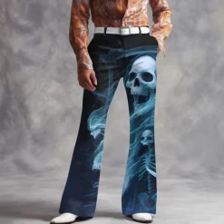 Halloween Men's Skull Smoke Halloween Costumes Disco Pants 60s 70s Bell Bottoms Mid Waist Dark Gothic Style Outdoor Holiday Side Pockets Flared Leg Pants Trousers Spring Fall 3D Print Purple Green