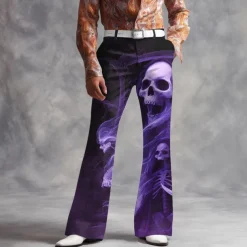 Halloween Men's Skull Smoke Halloween Costumes Disco Pants 60s 70s Bell Bottoms Mid Waist Dark Gothic Style Outdoor Holiday Side Pockets Flared Leg Pants Trousers Spring Fall 3D Print Purple Green