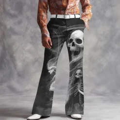 Halloween Men's Skull Smoke Halloween Costumes Disco Pants 60s 70s Bell Bottoms Mid Waist Dark Gothic Style Outdoor Holiday Side Pockets Flared Leg Pants Trousers Spring Fall 3D Print Purple Green