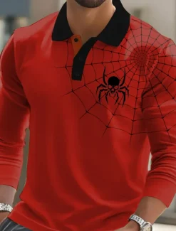 Halloween Men's Spider web Polo Long Sleeve Polo Shirts Lapel Casual Street Athleisure Daily Wear 3D Print Buttons Spring Fall Winter Red Orange Green