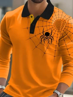 Halloween Men's Spider web Polo Long Sleeve Polo Shirts Lapel Casual Street Athleisure Daily Wear 3D Print Buttons Spring Fall Winter Red Orange Green