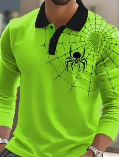Halloween Men's Spider web Polo Long Sleeve Polo Shirts Lapel Casual Street Athleisure Daily Wear 3D Print Buttons Spring Fall Winter Red Orange Green