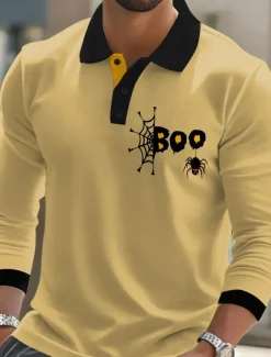Halloween Men's Spider web Polo Long Sleeve Polo Shirts Lapel Casual Street Athleisure Daily Wear 3D Print Buttons Spring Fall Winter Black Orange Brown