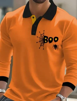 Halloween Men's Spider web Polo Long Sleeve Polo Shirts Lapel Casual Street Athleisure Daily Wear 3D Print Buttons Spring Fall Winter Black Orange Brown