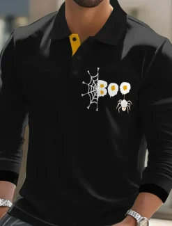 Halloween Men's Spider web Polo Long Sleeve Polo Shirts Lapel Casual Street Athleisure Daily Wear 3D Print Buttons Spring Fall Winter Black Orange Brown
